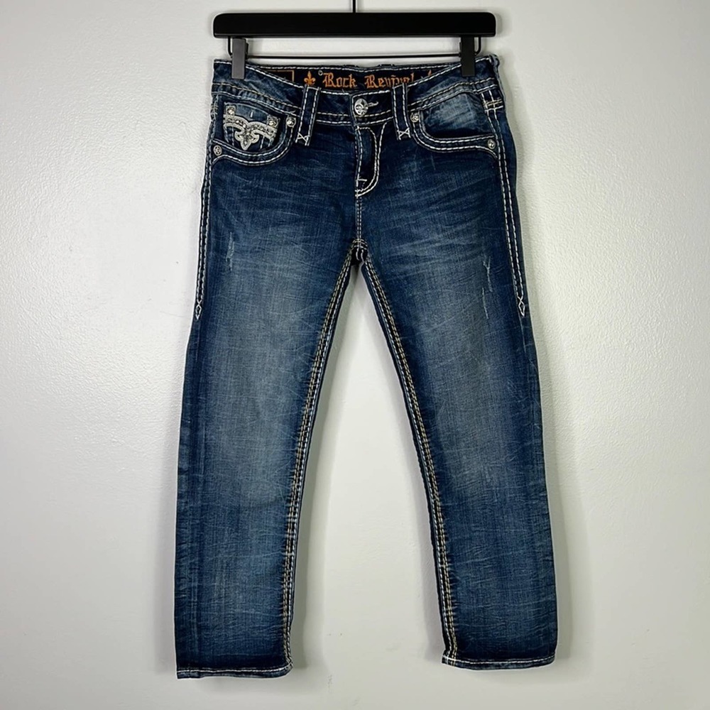 ROCK REVIVAL Arisa Embellished Bling Flap Back Pockets Crop Jeans Womens 26